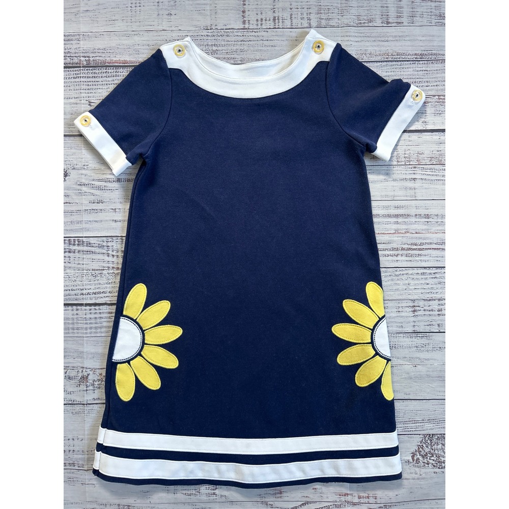 Vintage Hartstrings Daisy Applique Dress Kids‎ Navy Blue White Floral Size 7